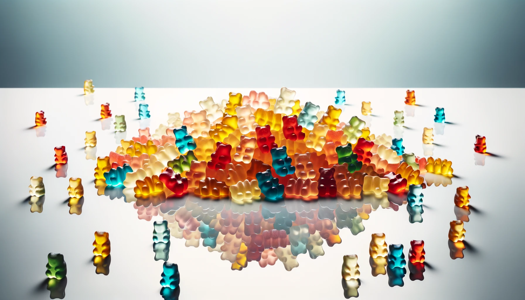 Landscape image of gummy bears playfully scattered on a reflective white surface, with some bears overlapping, capturing the translucent nature and the diverse shades of these candies.
